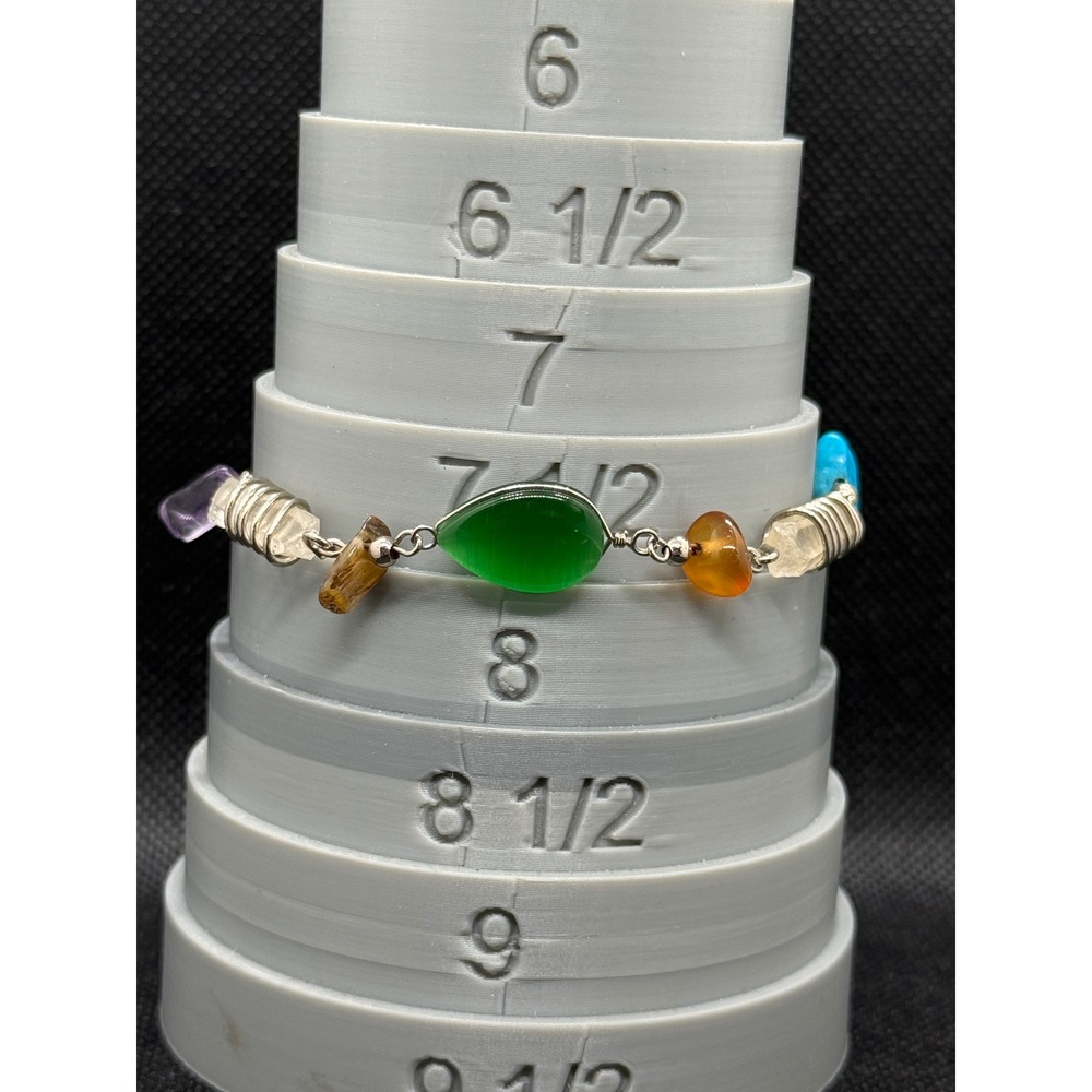 Multi Gemstone Chakra Bracelet Silver Tone Wire Wrapped Adjustable 6.5 ~ 7.5in